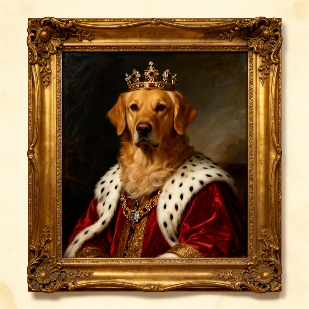 Royal oil painting of a golden retriever wearing a crown and red robe